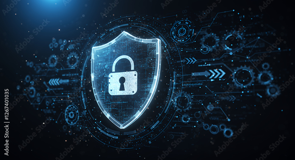 Poster digital fortress: cyber security shield with padlock protection | data encryption, network safety & 
