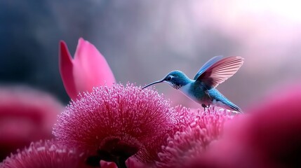 A closeup of a hummingbird feeding on a bright pink flower, wings in midmotion, vibrant colors and stunning details, nature at its finest