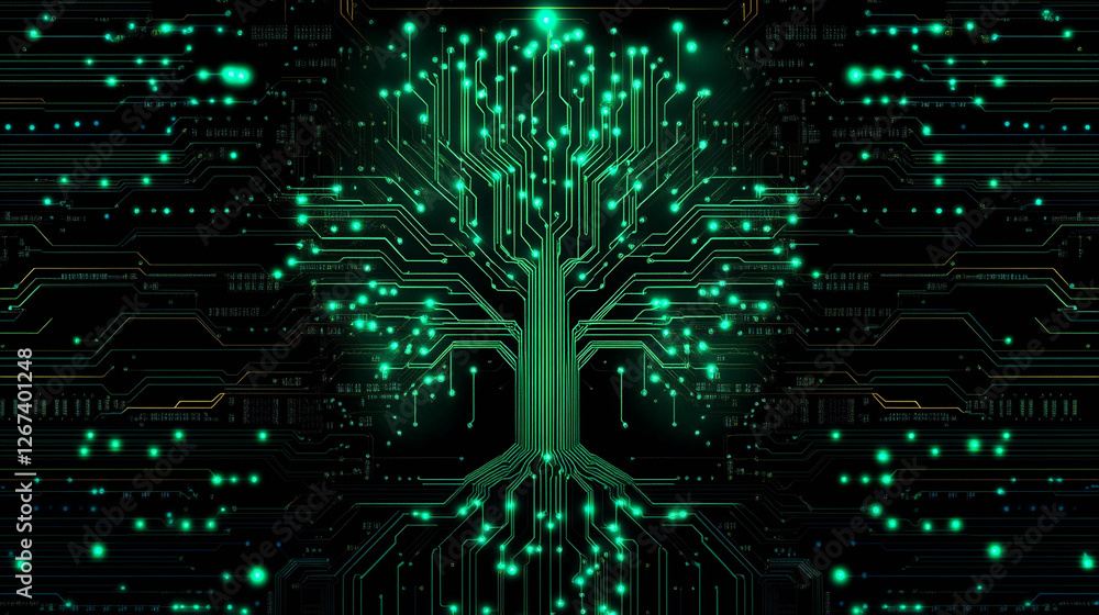 Poster an electronic circuit board made in the form of a dark green tree, creating a glow effect. lines imi