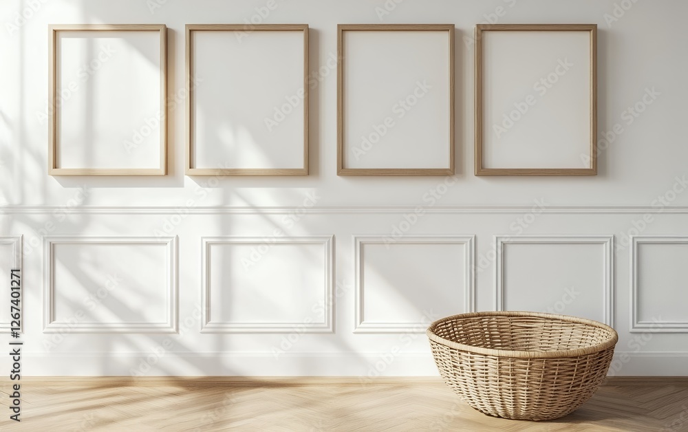 Poster elegant modern room with three empty frames on the wall, wicker basket on wooden floor with subtle l