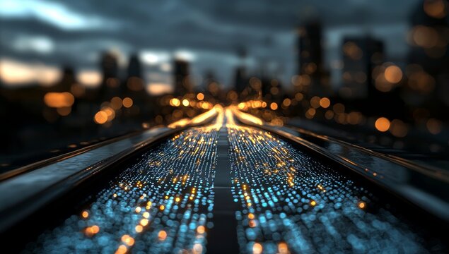 A roadmap for business progress is created through digital technology, set against a cityscape backdrop with glowing lines that symbolize the flow of data, highlighting modern tech integration and