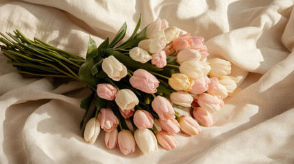 dreamy bouquet of delicate pastel flowers, featuring soft pink and white tulips, arranged beautifully on light fabric background, evoking serene and joyful atmosphere