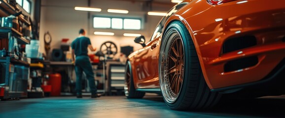 Orange sports car in garage, mechanic at work. Use Automotive advertising