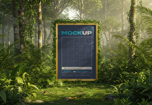 Poster Gold Frame Mockup in the Middle of the Jungle