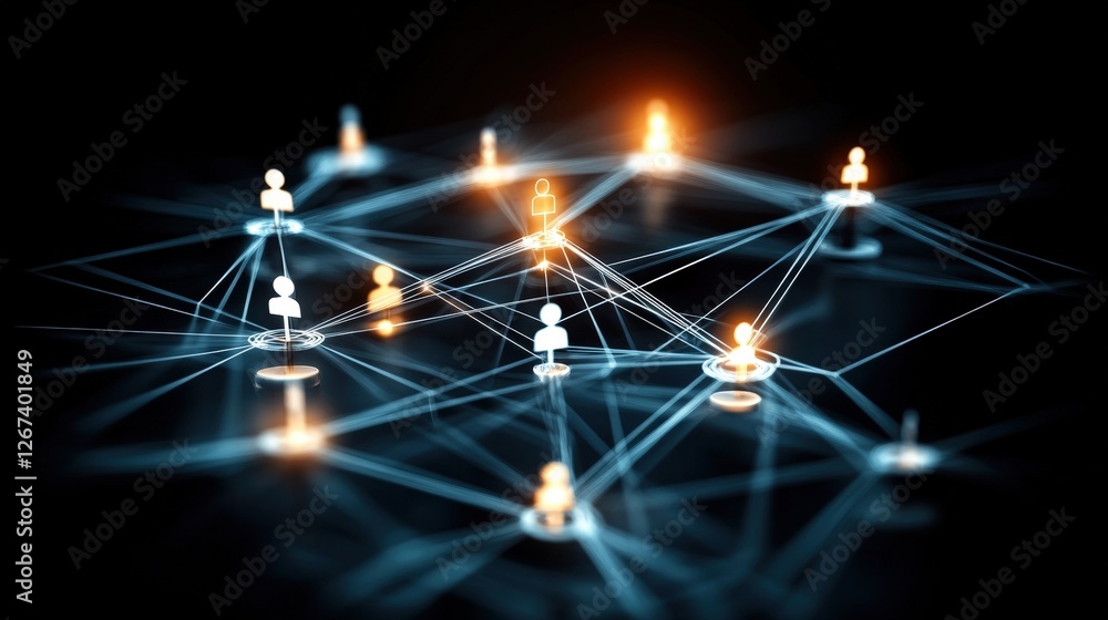 Poster network of light connections on a black background representing professional social networking conce
