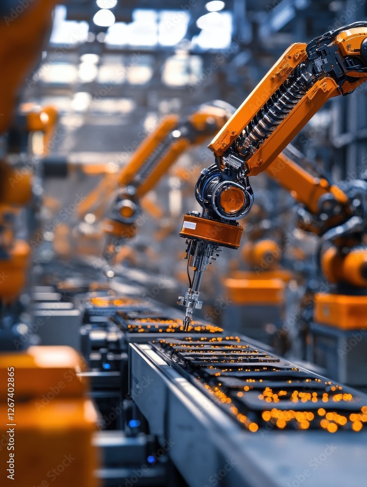 Poster automated assembly line featuring multiple robotic arms in a high-tech manufacturing facility during