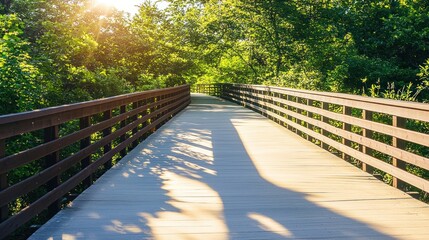 Fototapeta premium Tranquil Wooden Bridge Pathway Through Lush Greenery