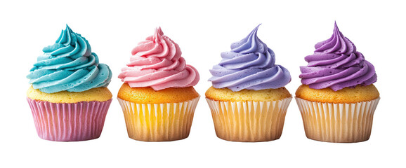 a PNG image of a set of delicious cupcakes with a colorful cream on top