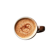 a PNG image of a top view of a coffee in a mug, with a sprinkle of cocoa powder or cinnamon on top of it, flatlay photography style