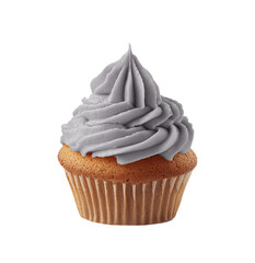 a PNG image of a delicious cupcake with a grey cream on top