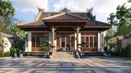 Fototapeta premium A classic classic house model, with symmetrical designs and traditional elements,