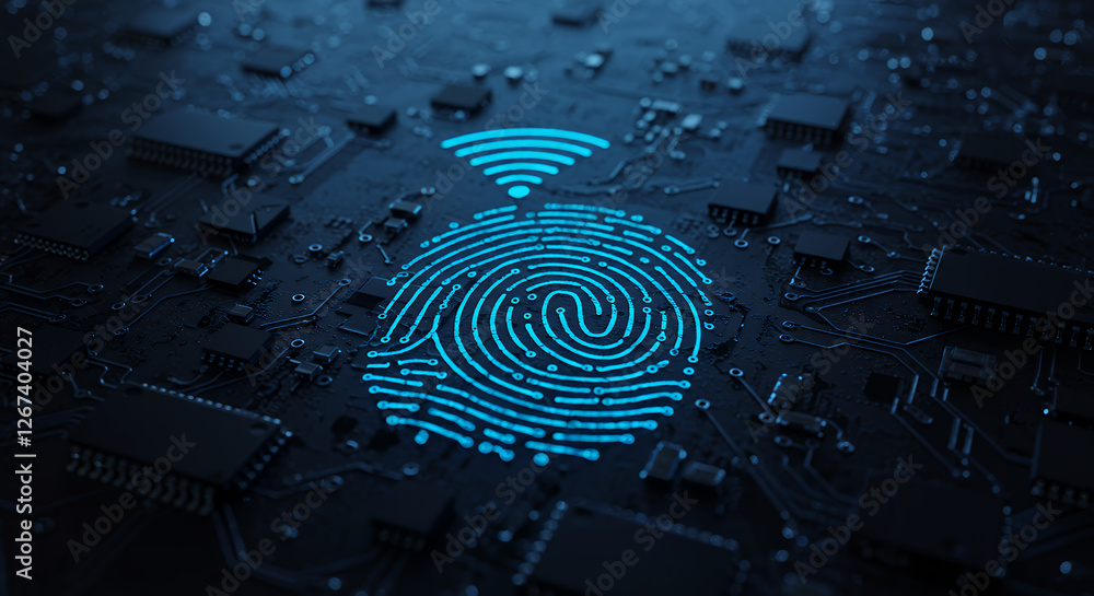 Poster secure connection: fingerprint & wifi on a modern circuit board - cyber security, biometrics, techno