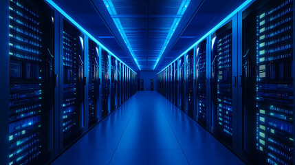 Fototapeta premium Futuristic Data Center with Blue-Lit Server Racks and LED Light Path