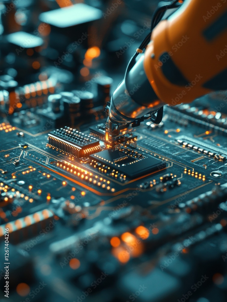 Poster a close-up shot of a robotic arm assembling components onto a circuit board in a high-tech automated