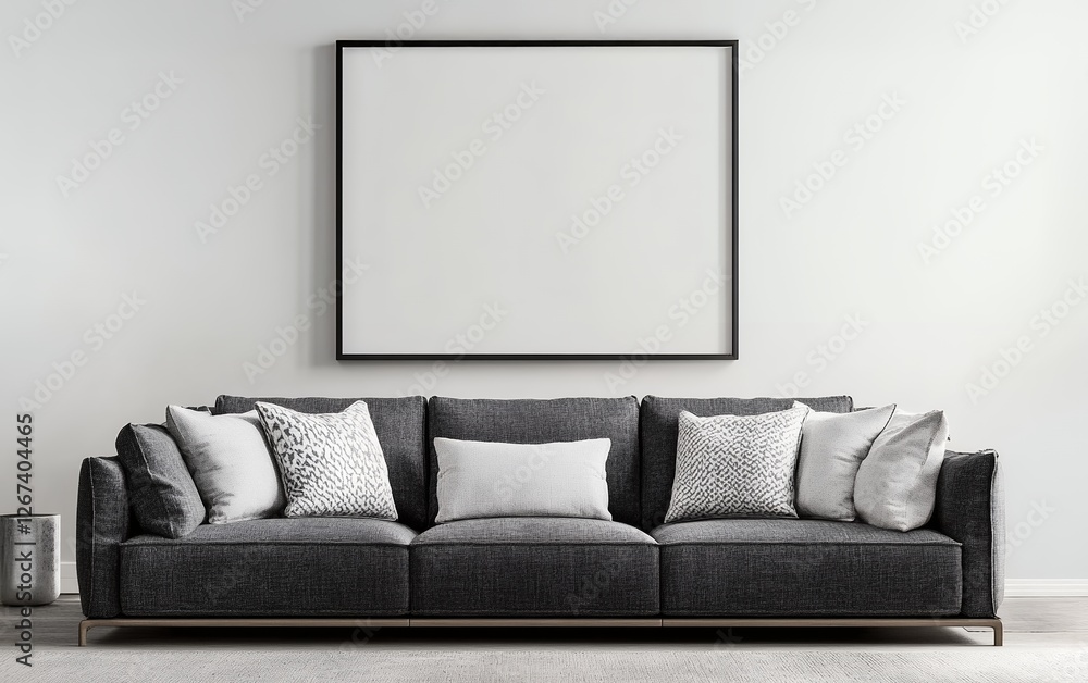 Poster stylish and comfortable black sofa with geometric grey pillows and empty frame on wall in a modern l