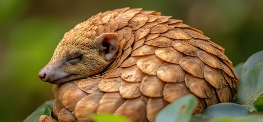 Fototapeta premium Pangolin sleeping curled, rainforest leaves background, wildlife conservation
