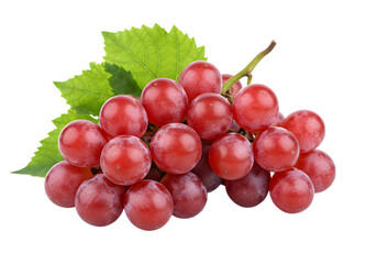 Fototapeta premium Vibrant cluster of crimson grapes with verdant leaves on stark backdrop