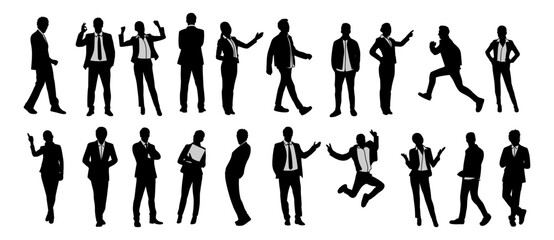 Silhouettes of diverse business people standing, walking, men, women full length, running, pointing. Business concept. Vector black monochrome illustrations isolated on transparent background.