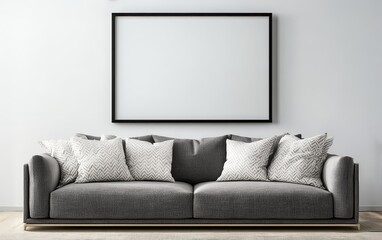 Cozy and elegant grey sofa with decorative cushions and a blank wall frame above in a minimalist living room design