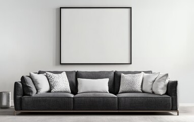 Stylish and comfortable black sofa with geometric grey pillows and empty frame on wall in a modern living room interior