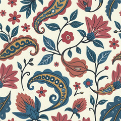 Floral pattern with vibrant colors featuring paisley shapes and foliage elements on a light background