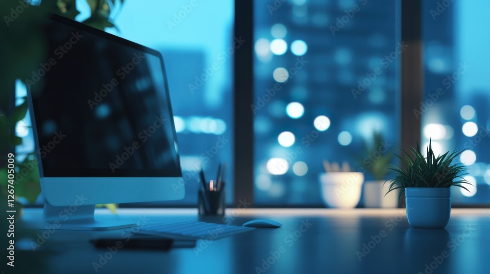 Poster abstract office with computer blur background.