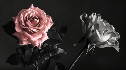 Pink roses in a black and white photo with a single rose in color