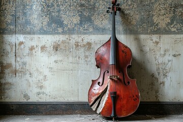 A damaged double bass rests against a weathered wall with peeling wallpaper, telling a story of lost grandeur and musical history. It stands as a silent, sad melody.