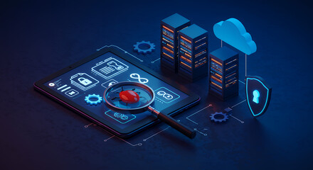 Cybersecurity Threat Detection: Uncover Vulnerabilities & Protect Data with Cloud Servers, Magnifying Glass, Tablet, Key, Bug & More