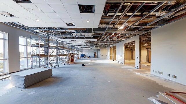Empty commercial building under construction, showing exposed ceiling framework, drywall, and scaffolding.