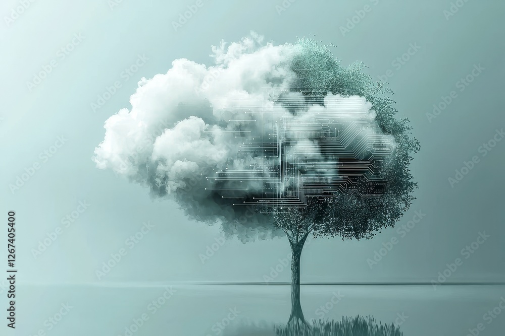 Aufkleber An illustration of a 3D rendered abstract cloud computing network system featuring blue lines and nodes set against a white background, symbolizing data storage and digital technology