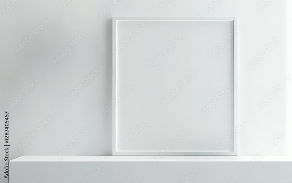 Poster simple white minimalist decor with empty frame on clean shelf in soft neutral room with soft lightin