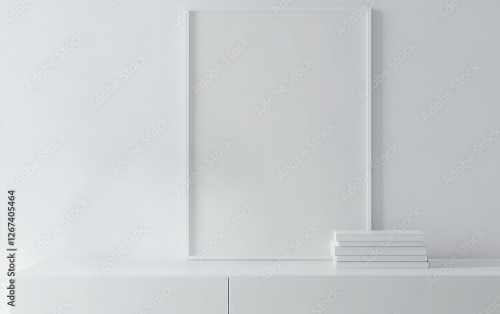 Poster white minimalist room decor with empty picture frame and stacked books on shelf in simple modern int