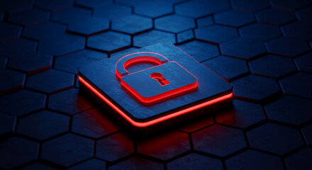 Unlocked: Cyber Security Freedom, Red Glowing Padlock on Hexagonal Tech Background - Data Safety, Access Granted!