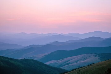 Fototapeta premium Serene mountain landscape at dusk with layered hills under a pastel sky, evoking tranquility and natural beauty for travel enthusiasts
