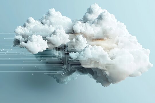 A conceptual representation of data storage and digital technology is depicted in a 3D rendered abstract cloud computing network system with blue lines and nodes on a white background