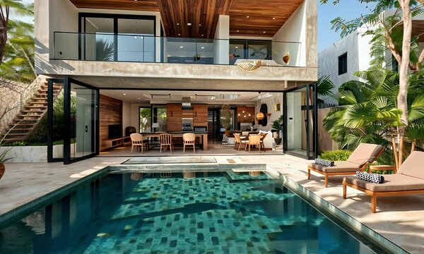 Tropical modern villa poolside view, sunny day, lush landscaping, vacation rental
