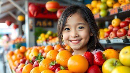 Smiling Girl at Asian Market with Fruits Background – Perfect for Website Use