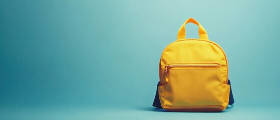 Bright yellow backpack positioned against a soft blue background, showcasing its design and color, perfect for educational or travel themes
