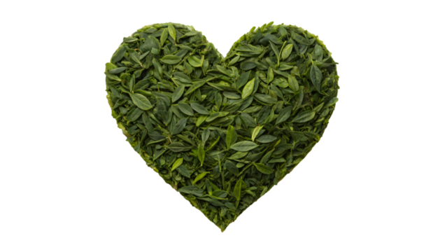 heart shaped green tea leaf isolated on white