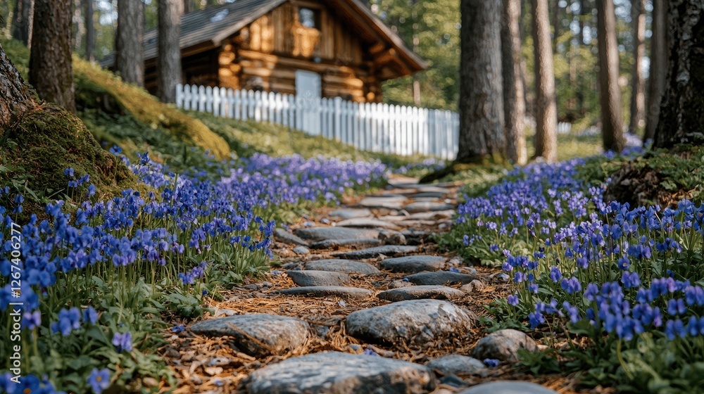 Poster a pathway in the woods, surrounded by common violets around stones with majestic oaks, put a tiny co
