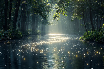 Obraz premium A tranquil river winding through a dense forest with dappled sunlight creating a shimmering effect on the water.