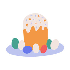 Easter holiday cake on a plate with colored eggs. Vector illustration, a design element for celebrating Easter.