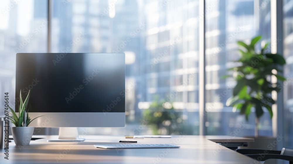 Poster abstract office with computer blur background.