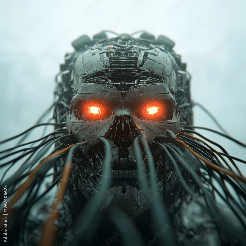 Poster the chrome killer robot is represented in a 3d science fiction illustration as an evil cyborg linked