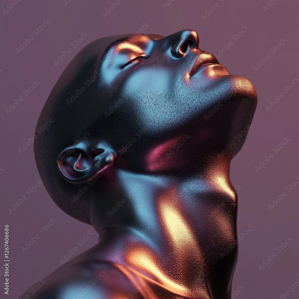 Poster a sci-fi illustration in a futuristic style features a robot or artificial human constructed from ir