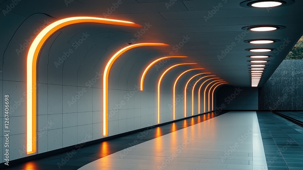 Poster An urban metro station platform with geometric lines and soft lighting, minimal and efficient design.