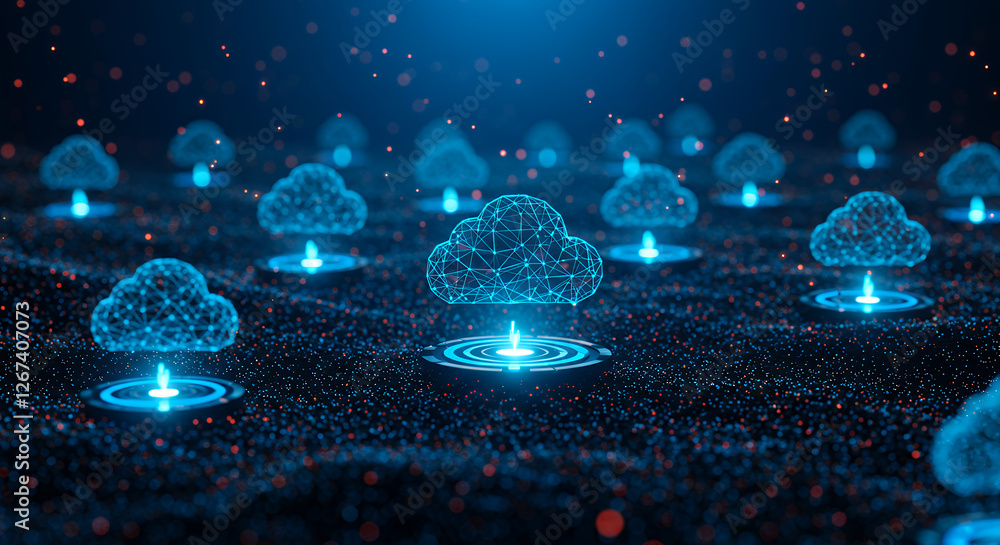 Poster digital cloud network: futuristic cloud computing, data storage, and cybersecurity innovation