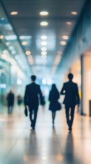 Three business professionals walking through a modern office corridor, with bright lights and reflections creating a dynamic atmosphere
