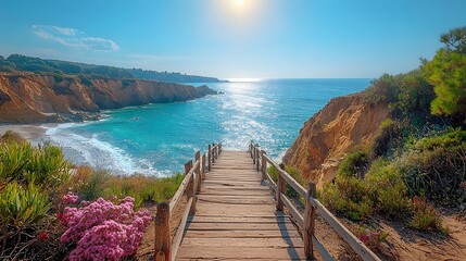 Obraz premium Stunning coastal walkway hugging the edge of a dramatic ocean cliff with gentle waves crashing below and a breathtaking panoramic view of the serene picturesque seascape Crisp